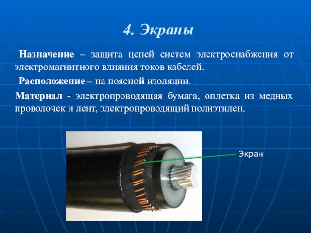 4. Экраны Назначение – защита цепей систем электроснабжения от электромагнитного влияния