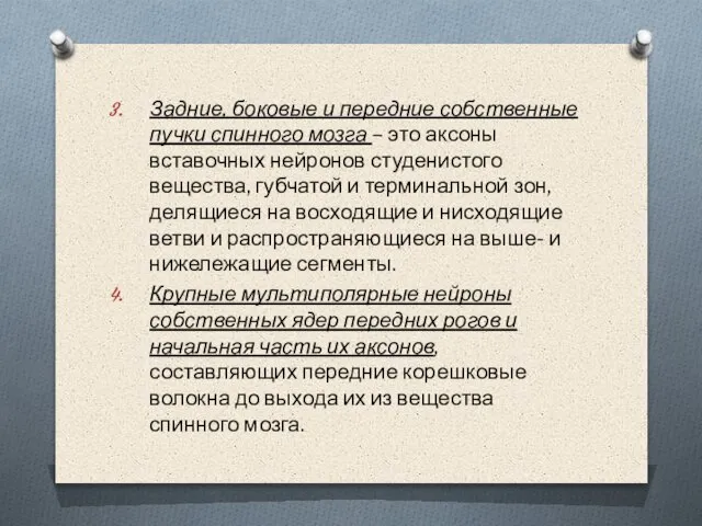 Задние, боковые и передние собственные пучки спинного мозга – это аксоны