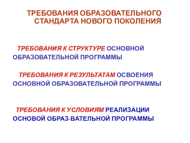 ТРЕБОВАНИЯ ОБРАЗОВАТЕЛЬНОГО СТАНДАРТА НОВОГО ПОКОЛЕНИЯ ТРЕБОВАНИЯ К СТРУКТУРЕ ОСНОВНОЙ ОБРАЗОВАТЕЛЬНОЙ ПРОГРАММЫ