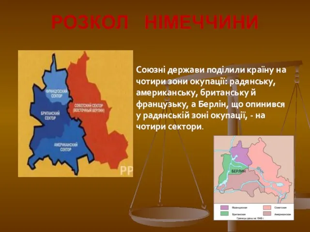 РОЗКОЛ НІМЕЧЧИНИ Союзні держави поділили країну на чотири зони окупації: радянську,