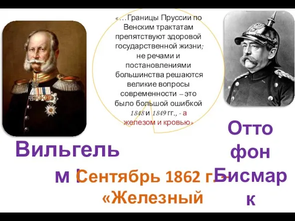 Вильгельм I Сентябрь 1862 г. – «Железный канцлер» Отто фон Бисмарк