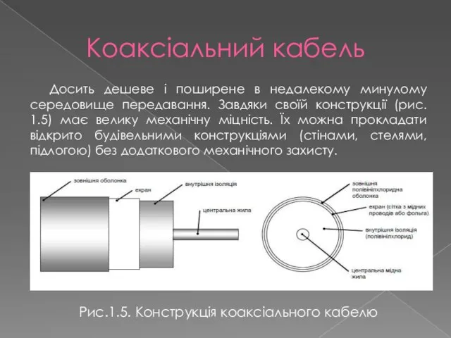 Коаксіальний кабель Досить дешеве і поширене в недалекому минулому середовище передавання.