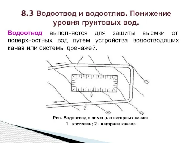 Водоотвод выполняется для защиты выемки от поверхностных вод путем устройства водоотводящих