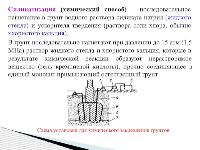 Силикатизация (химический способ) – последовательное нагнетание в грунт водного раствора силиката