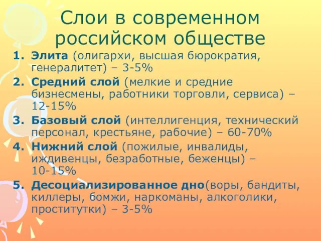 Слои в современном российском обществе Элита (олигархи, высшая бюрократия, генералитет) –