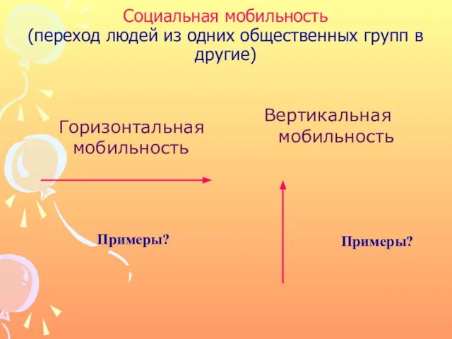 Социальная мобильность (переход людей из одних общественных групп в другие) Горизонтальная мобильность Вертикальная мобильность Примеры? Примеры?