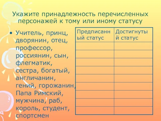 Укажите принадлежность перечисленных персонажей к тому или иному статусу Учитель, принц,