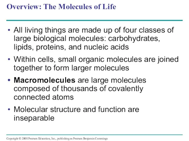 Overview: The Molecules of Life All living things are made up