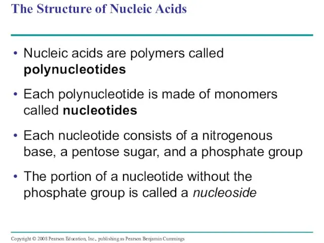 The Structure of Nucleic Acids Nucleic acids are polymers called polynucleotides