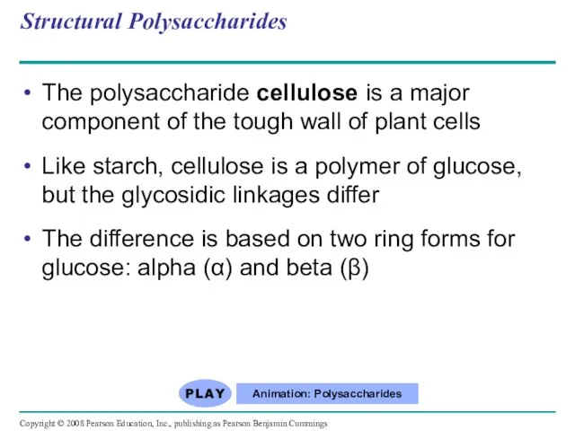 Structural Polysaccharides The polysaccharide cellulose is a major component of the