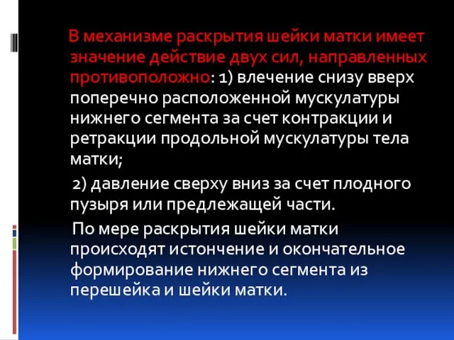 В механизме раскрытия шейки матки имеет значение действие двух сил, направленных