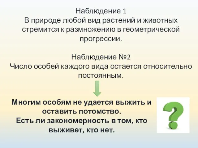 Наблюдение 1 В природе любой вид растений и животных стремится к