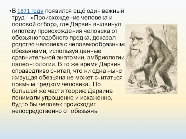 В 1871 году появился ещё один важный труд - «Происхождение человека