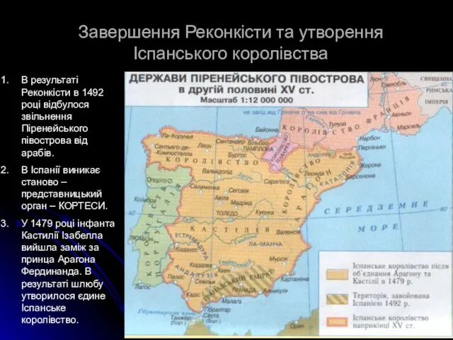 Завершення Реконкісти та утворення Іспанського королівства В результаті Реконкісти в 1492