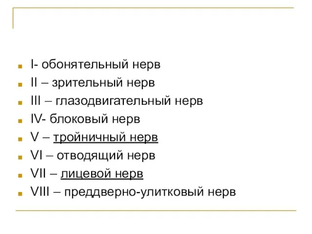 I- обонятельный нерв II – зрительный нерв III – глазодвигательный нерв