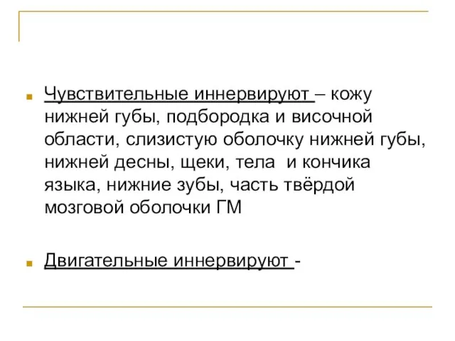 Чувствительные иннервируют – кожу нижней губы, подбородка и височной области, слизистую