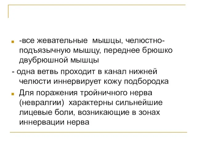 -все жевательные мышцы, челюстно-подъязычную мышцу, переднее брюшко двубрюшной мышцы - одна