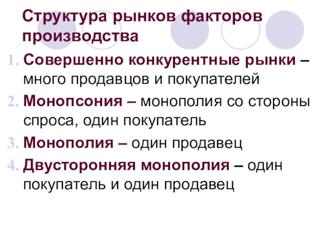 Структура рынков факторов производства Совершенно конкурентные рынки – много продавцов и