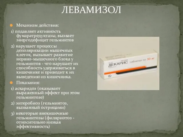 ЛЕВАМИЗОЛ Механизм действия: 1) подавляет активность фумаратредуктазы, вызвает энергодефицит гельминтов 2)