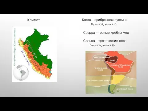 Коста – прибрежная пустыня Лето: +27, зима +12 Сьерра – горные