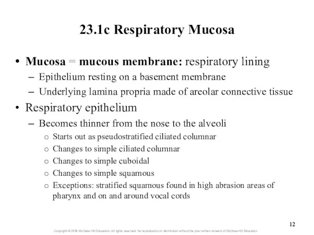 23.1c Respiratory Mucosa Mucosa = mucous membrane: respiratory lining Epithelium resting