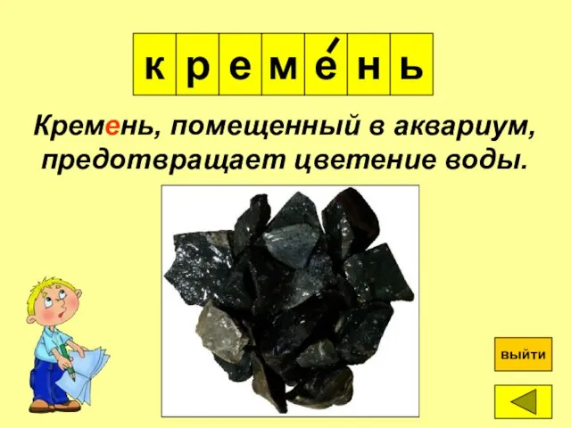 е к е р ? выйти Кремень, помещенный в аквариум, предотвращает цветение воды. н ь м