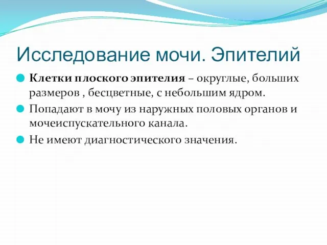 Исследование мочи. Эпителий Клетки плоского эпителия – округлые, больших размеров ,