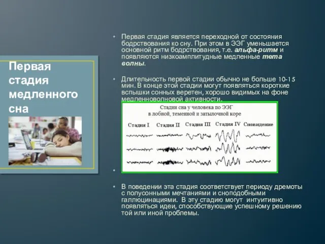 Первая стадия является переходной от состояния бодрствования ко сну. При этом