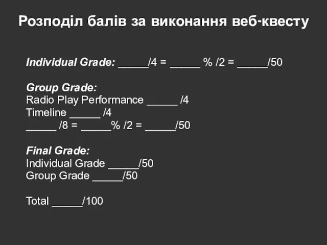 Розподіл балів за виконання веб-квесту Individual Grade: _____/4 = _____ %