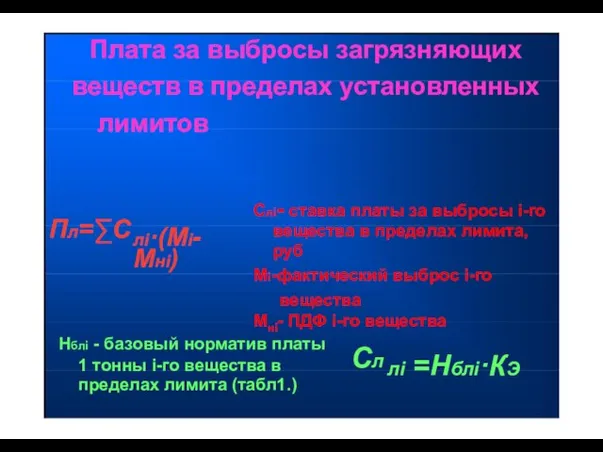 Плата за выбросы загрязняющих веществ в пределах установленных лимитов Пл=∑С лi·(Mi-