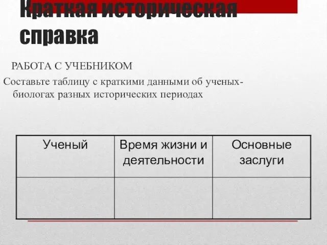 Краткая историческая справка РАБОТА С УЧЕБНИКОМ Составьте таблицу с краткими данными об ученых-биологах разных исторических периодах