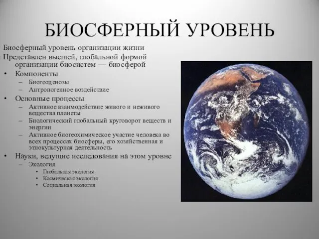 БИОСФЕРНЫЙ УРОВЕНЬ Биосферный уровень организации жизни Представлен высшей, глобальной формой организации