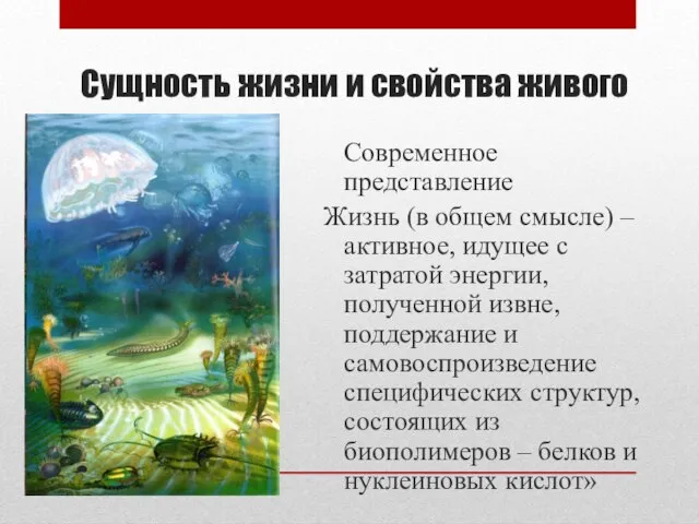 Сущность жизни и свойства живого Современное представление Жизнь (в общем смысле)