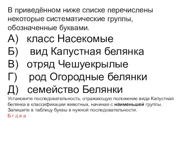 В приведённом ниже списке перечислены некоторые систематические группы, обозначенные буквами. A)