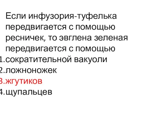 Если инфузория-туфелька передвигается с помощью ресничек, то эвглена зеленая передвигается с