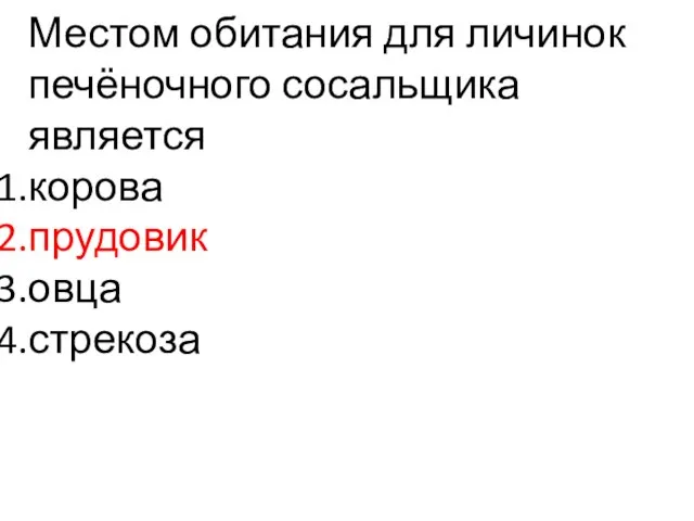 Местом обитания для личинок печёночного сосальщика является корова прудовик овца стрекоза