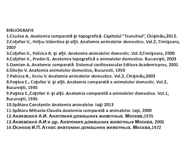 BIBLIOGRAFIE 1.Ciuclea A. Anatomia comparată și topografică. Capitolul “Trunchiul”, Chișinău,2013. 2.Coțofan
