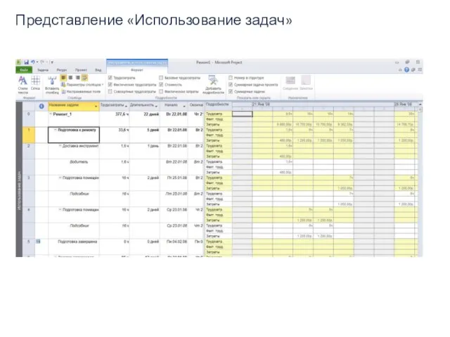 Представление «Использование задач»