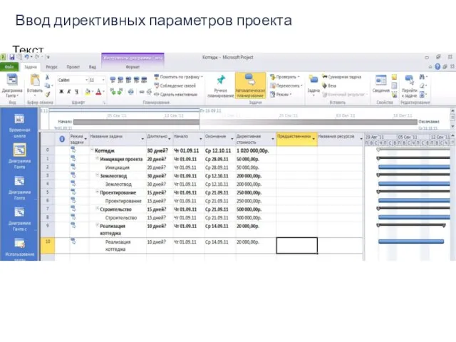 Текст Ввод директивных параметров проекта