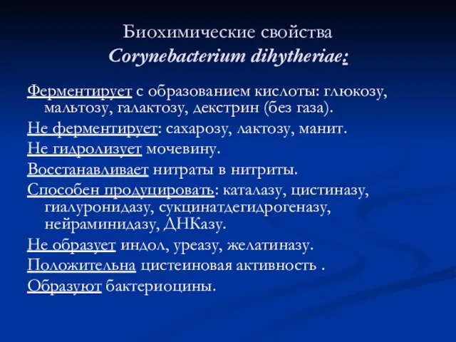 Биохимические свойства Corynebacterium dihytheriae: Ферментирует с образованием кислоты: глюкозу, мальтозу, галактозу,