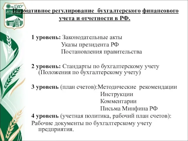 Нормативное регулирование бухгалтерского финансового учета и отчетности в РФ. 1 уровень: