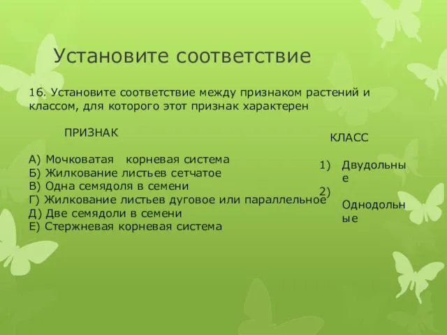 Установите соответствие 16. Установите соответствие между признаком растений и классом, для