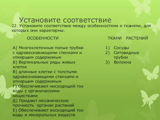 Установите соответствие 22. Установите соответствие между особенностями и тканями, для которых