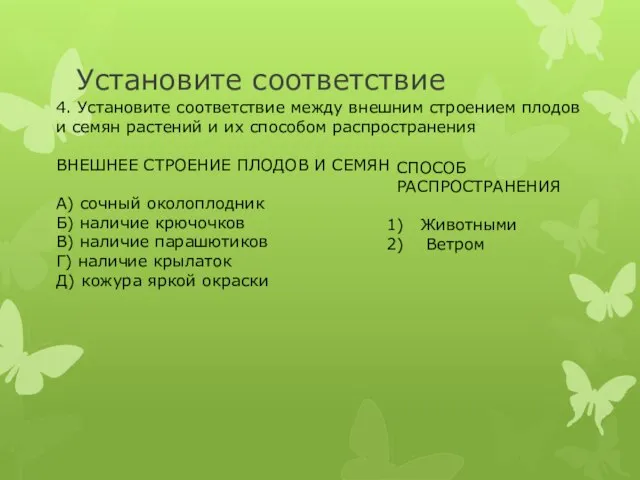 Установите соответствие 4. Установите соответствие между внешним строением плодов и семян