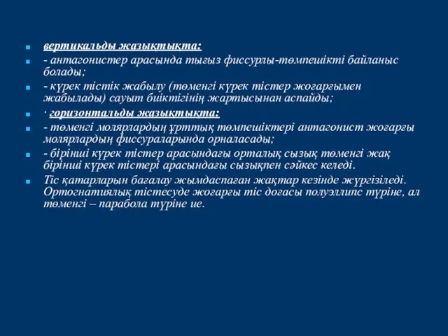 вертикальды жазықтықта: - антагонистер арасында тығыз фиссурлы-төмпешікті байланыс болады; - күрек