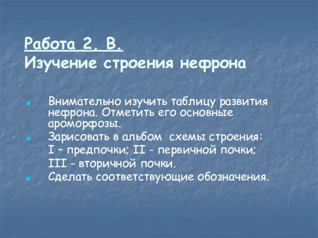 Работа 2, В. Изучение строения нефрона Внимательно изучить таблицу развития нефрона.