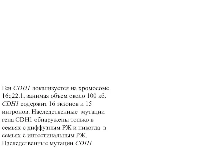 Ген CDH1 локализуется на хромосоме 16q22.1, занимая объем около 100 кб.