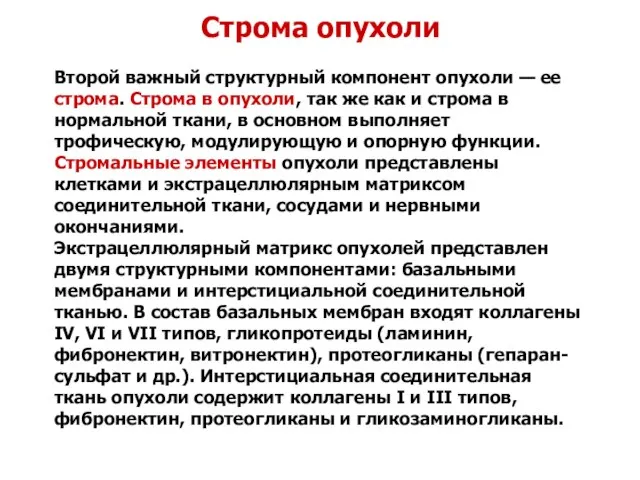 Строма опухоли Второй важный структурный компонент опухоли — ее строма. Строма