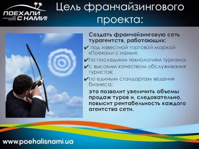 Цель франчайзингового проекта: Создать франчайзинговую сеть турагентств, работающих: под известной торговой