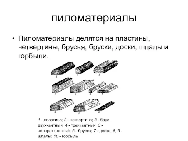 пиломатериалы Пиломатериалы делятся на пластины, четвертины, брусья, бруски, доски, шпалы и горбыли.